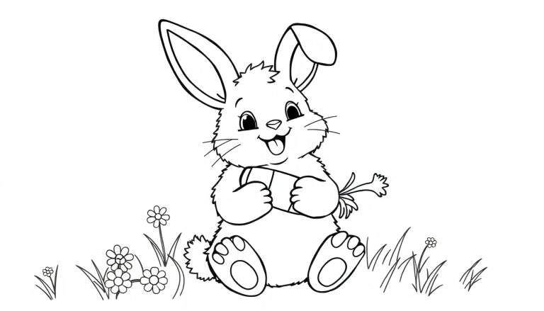 A cute bunny holding a carrot in a flower field color panel.