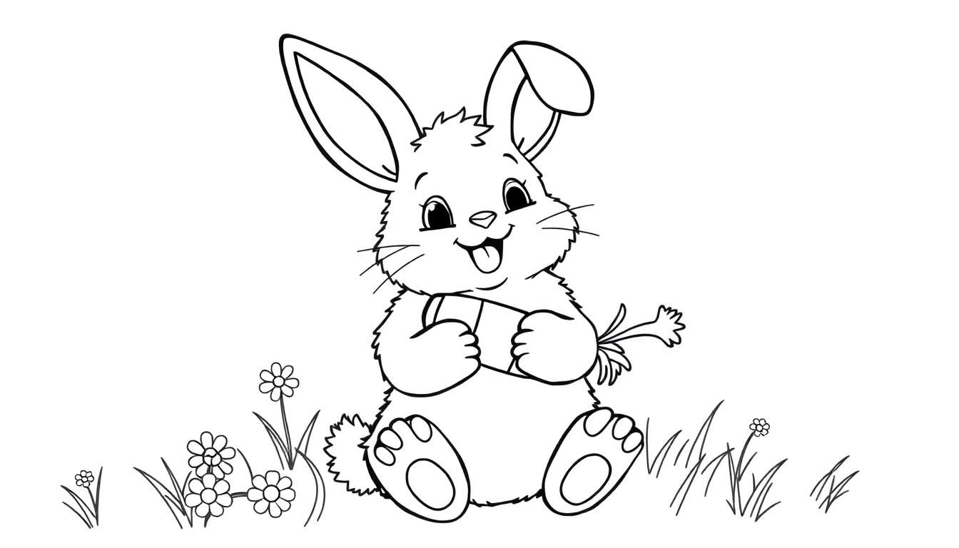 A cute bunny holding a carrot in a flower field color panel.