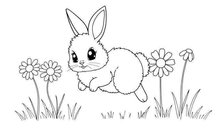 A cute fluffy bunny in a black and white color panel, hopping through a field of large daisies.