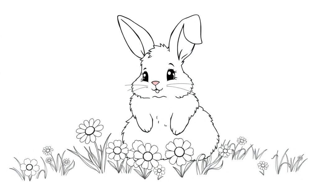 A cute bunny ready for a color panel, with big ears and a fluffy tail, sitting in a daisy field. This is a black and white coloring page.