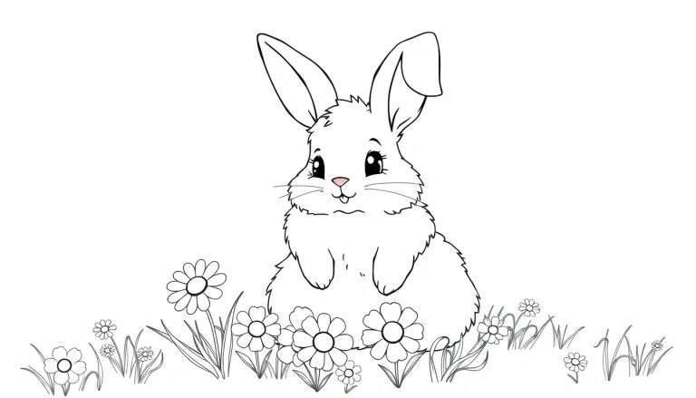 A cute bunny ready for a color panel, with big ears and a fluffy tail, sitting in a daisy field. This is a black and white coloring page.