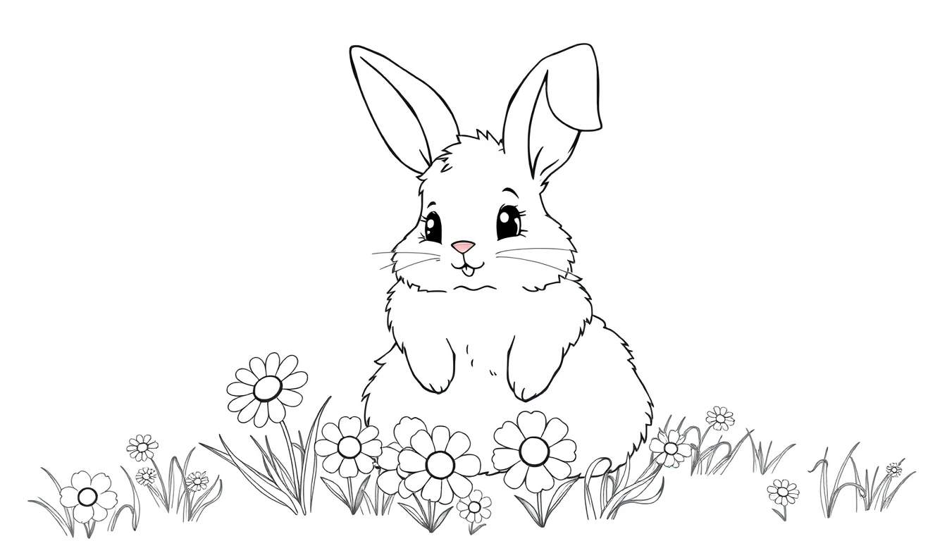 A cute bunny ready for a color panel, with big ears and a fluffy tail, sitting in a daisy field. This is a black and white coloring page.