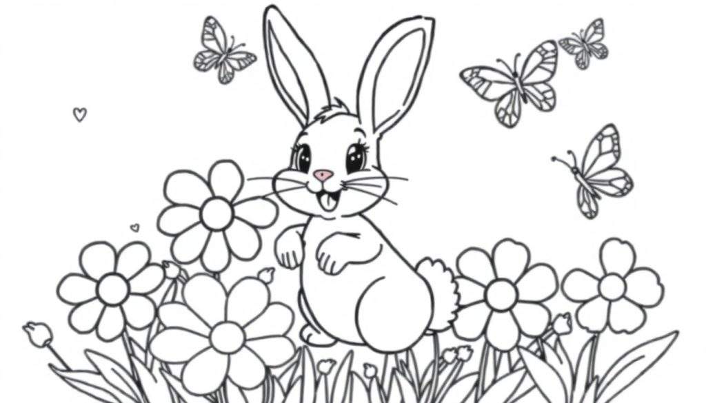A black and white line drawing coloring page of a bunny in a field of daisies with butterflies. This is a fun color panel.