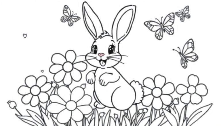A black and white line drawing coloring page of a bunny in a field of daisies with butterflies. This is a fun color panel.