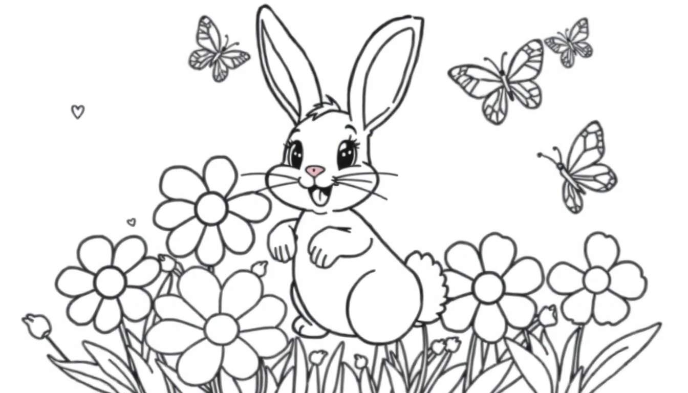 A black and white line drawing coloring page of a bunny in a field of daisies with butterflies. This is a fun color panel.