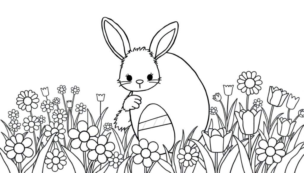 A cute bunny in a flower field, ready for coloring. A fun color panel for kids.