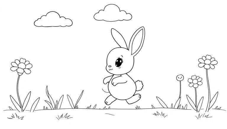 A cute bunny hopping in a field, a black and white coloring page illustration with clouds, flowers, and grass, ready for a color panel.