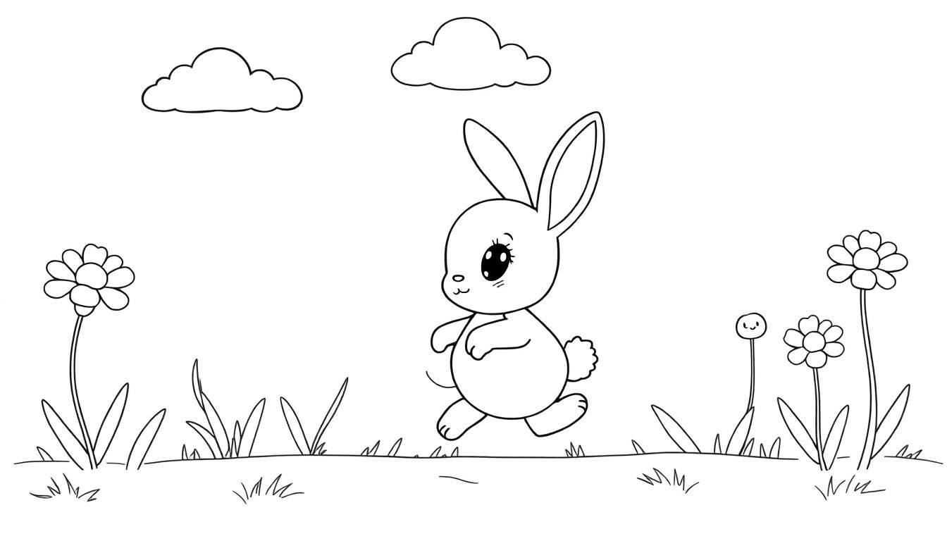 A cute bunny hopping in a field, a black and white coloring page illustration with clouds, flowers, and grass, ready for a color panel.