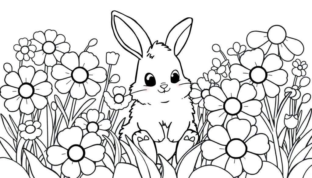 A black and white drawing of a cute bunny sitting among flowers, perfect for a coloring panel.