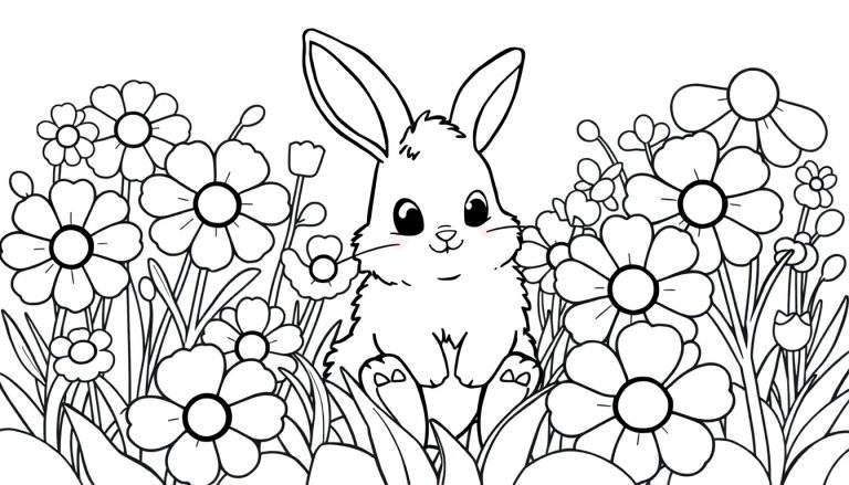 A black and white drawing of a cute bunny sitting among flowers, perfect for a coloring panel.
