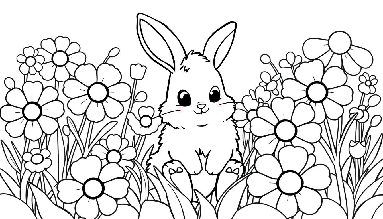 A black and white drawing of a cute bunny sitting among flowers, perfect for a coloring panel.