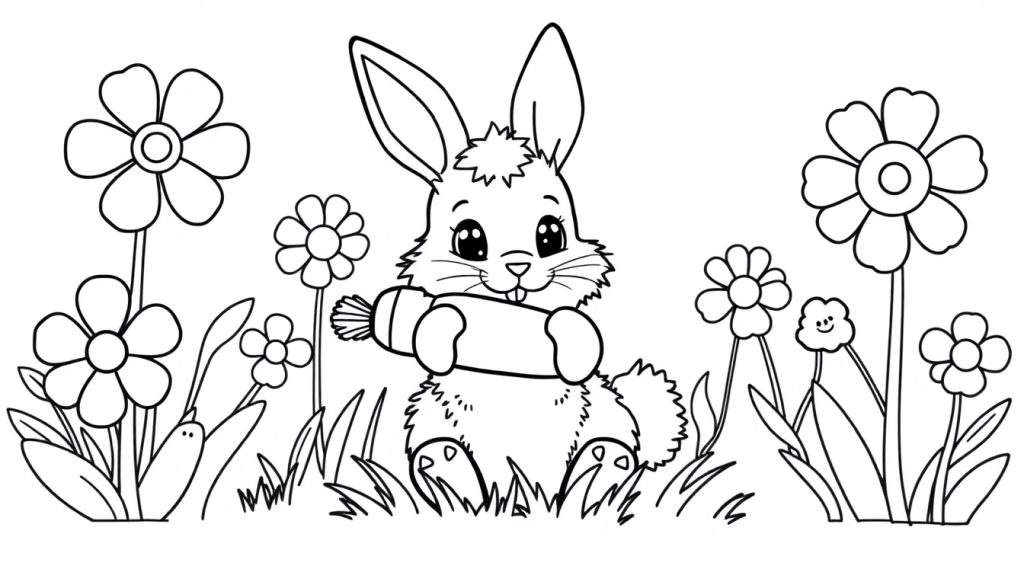 A black and white bunny enjoying a carrot amidst flowers, a perfect color panel for little artists.