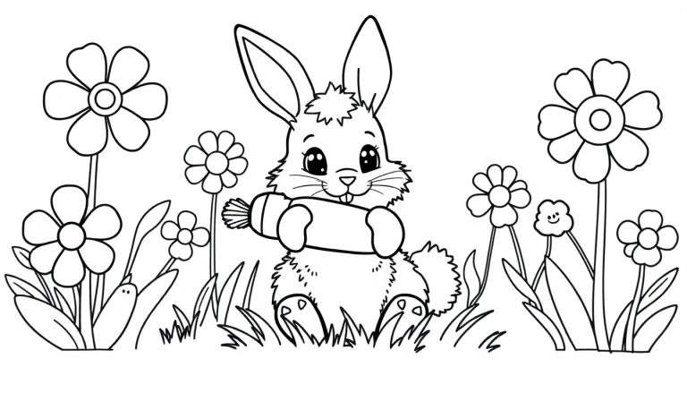 A black and white bunny enjoying a carrot amidst flowers, a perfect color panel for little artists.