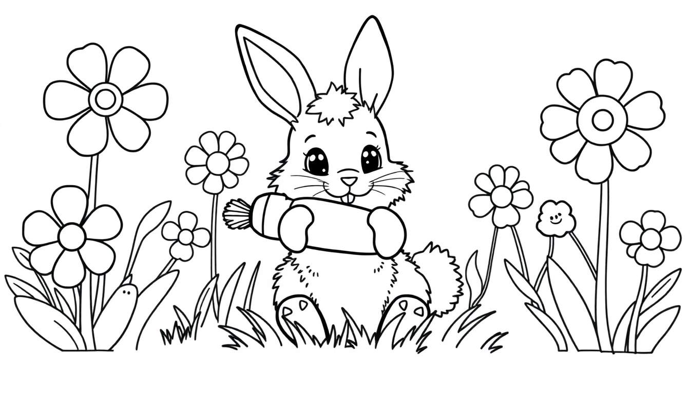 A black and white bunny enjoying a carrot amidst flowers, a perfect color panel for little artists.