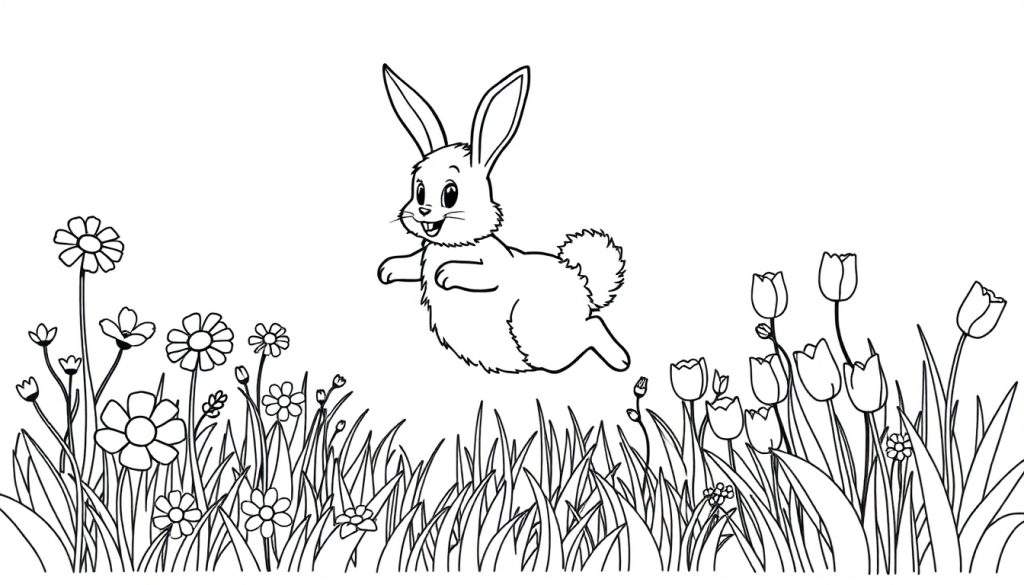 A cheerful bunny in a color panel jumping over a field of flowers and grass.