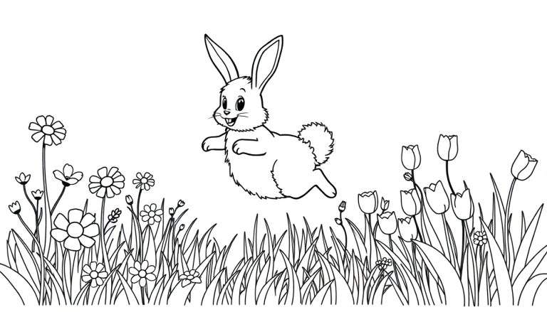 A cheerful bunny in a color panel jumping over a field of flowers and grass.
