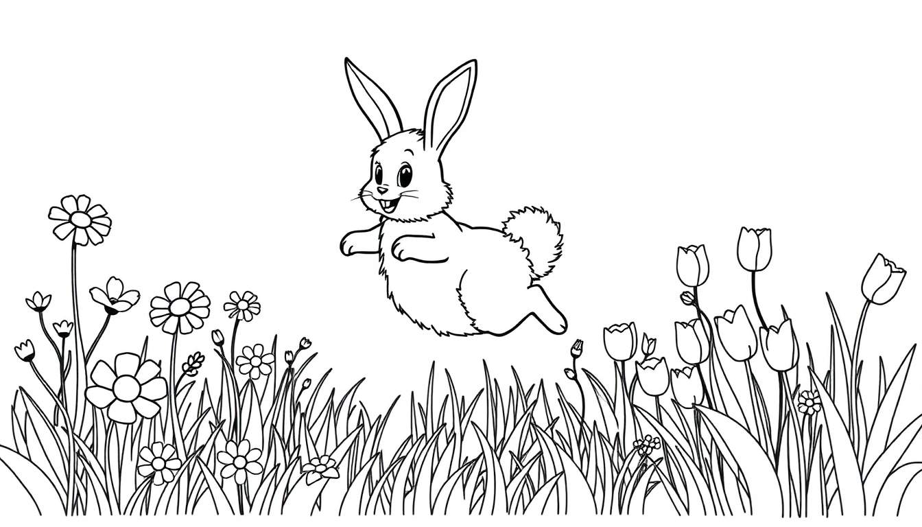 A cheerful bunny in a color panel jumping over a field of flowers and grass.