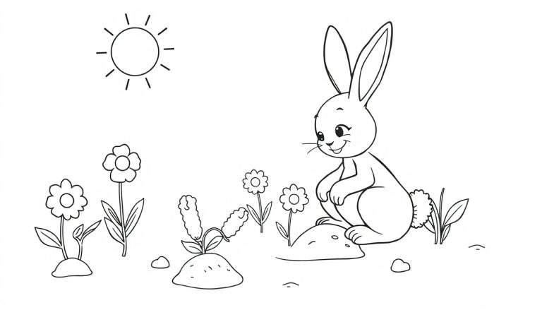 A happy bunny sitting in a garden under a sun, ready for a color panel.
