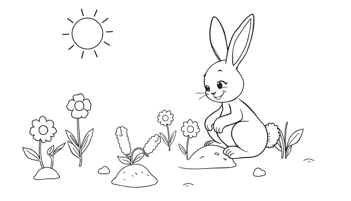 A happy bunny sitting in a garden under a sun, ready for a color panel.
