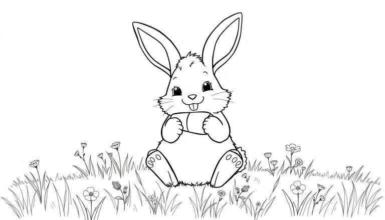 A cute bunny with long ears and a sweet smile, holding a carrot in a meadow color panel.