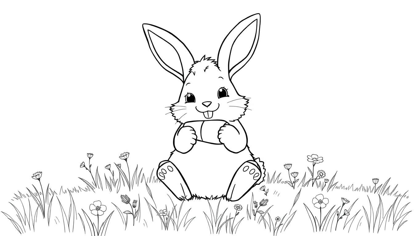 A cute bunny with long ears and a sweet smile, holding a carrot in a meadow color panel.