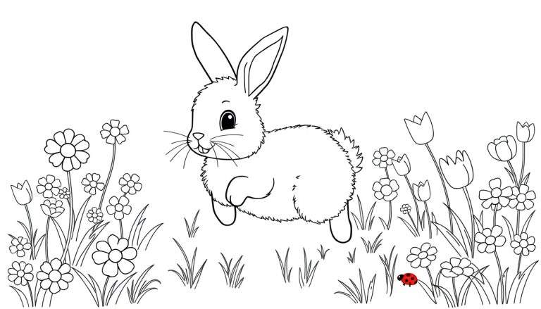 A cute bunny enjoying a meadow scene in a black and white coloring panel.