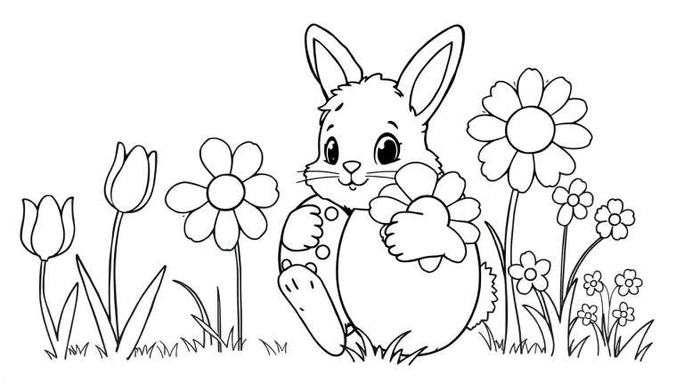 A cute bunny with long ears and polka dot jacket holding a daisy in a flower field, ready for a color panel.