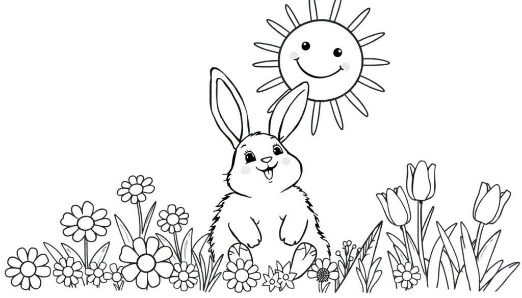 A black and white outline drawing of a happy bunny sitting in front of a smiling sun with flowers and grass, perfect for a coloring panel.
