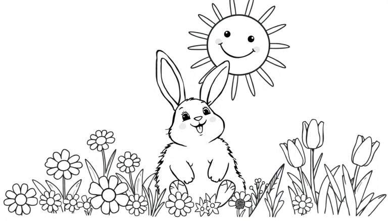 A black and white outline drawing of a happy bunny sitting in front of a smiling sun with flowers and grass, perfect for a coloring panel.
