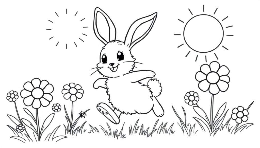 A cute bunny jumping through a flower field with two suns, a black and white coloring panel.