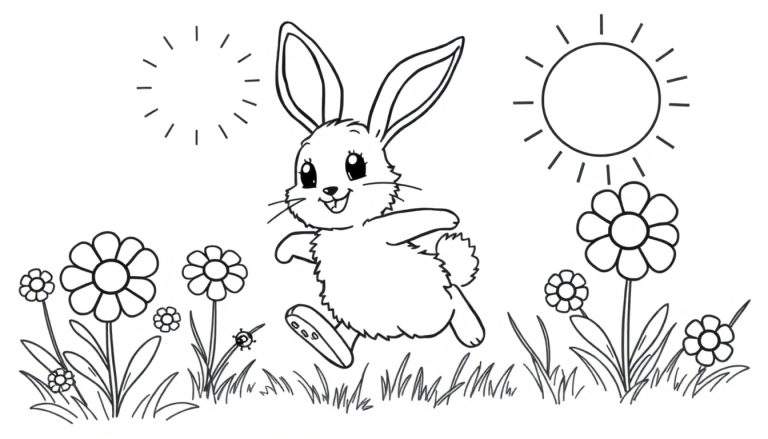 A cute bunny jumping through a flower field with two suns, a black and white coloring panel.