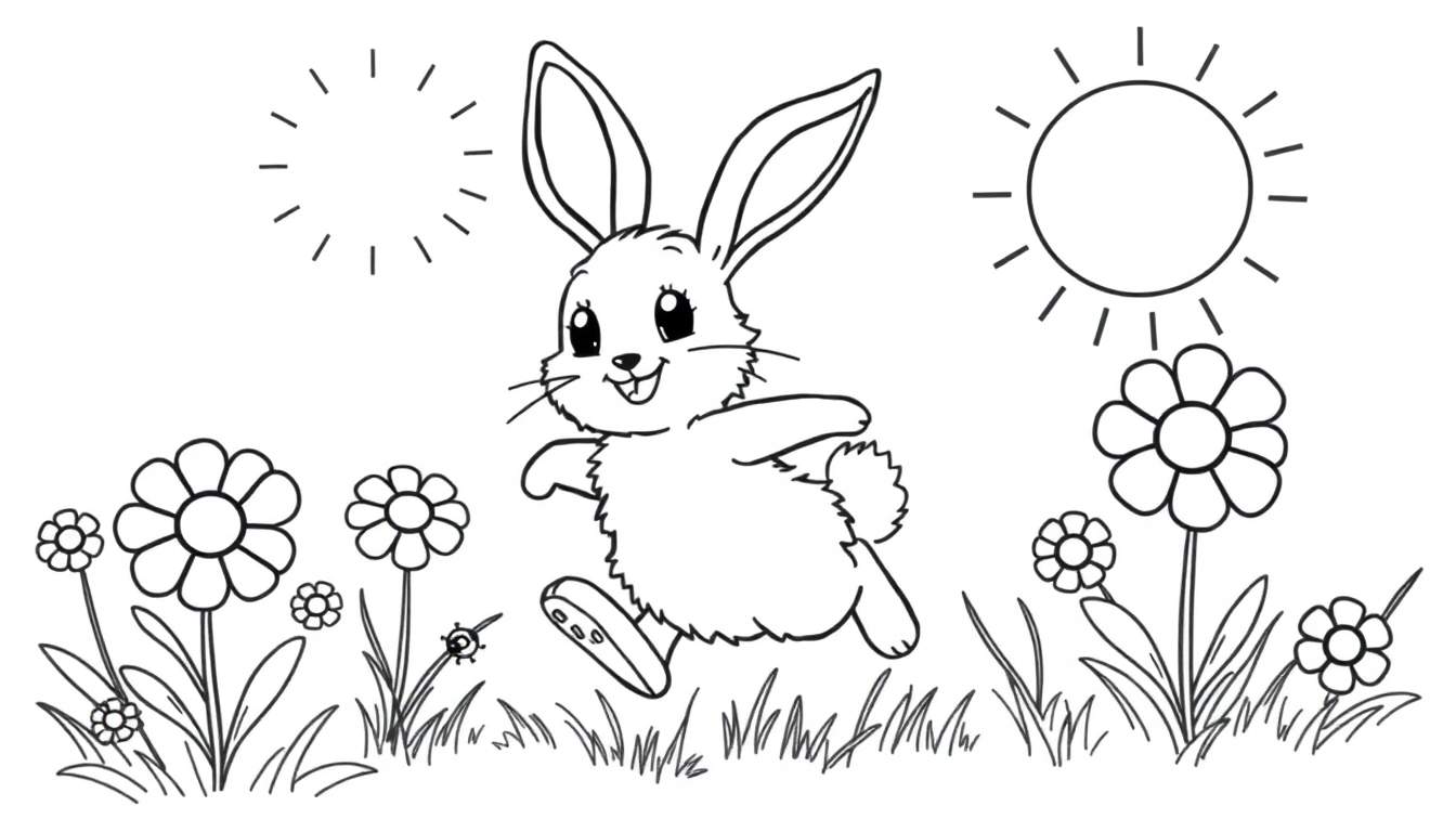 A cute bunny jumping through a flower field with two suns, a black and white coloring panel.