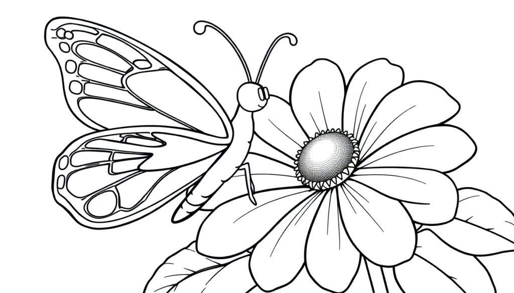 A black and white drawing of a butterfly on a flower, ready for coloring. This color panel features a happy butterfly.