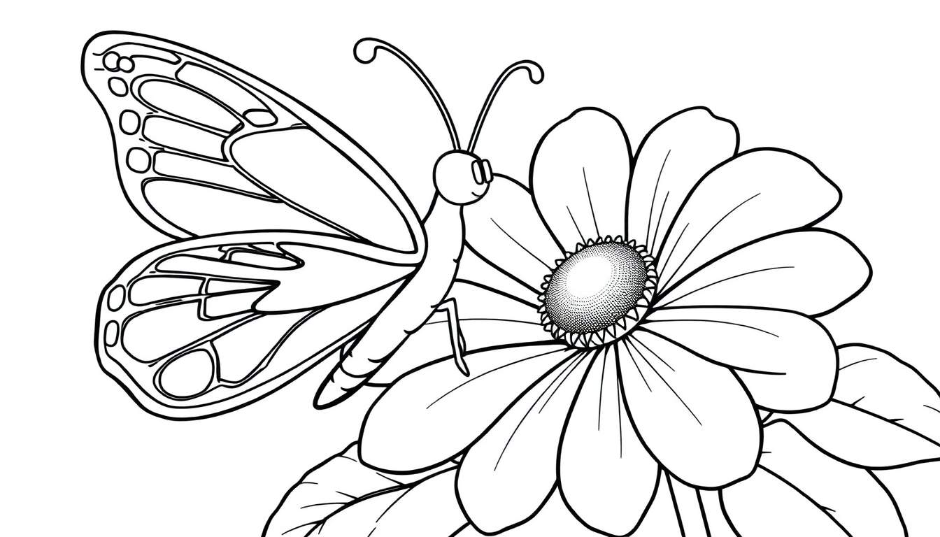 A black and white drawing of a butterfly on a flower, ready for coloring. This color panel features a happy butterfly.