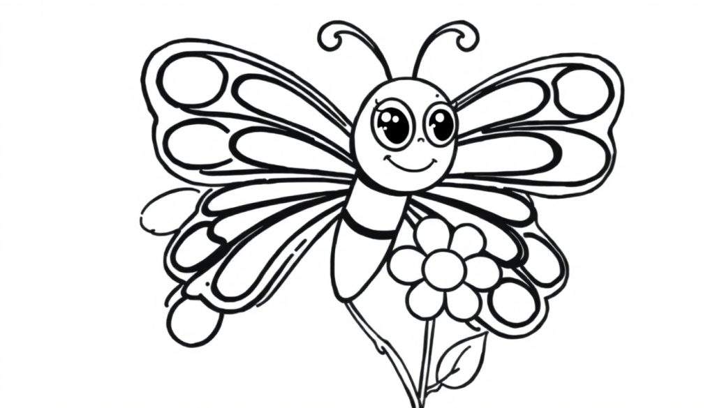 A black and white drawing of a friendly butterfly with patterned wings, next to a simple flower, ready for a color panel.