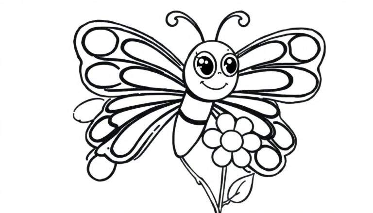 A black and white drawing of a friendly butterfly with patterned wings, next to a simple flower, ready for a color panel.