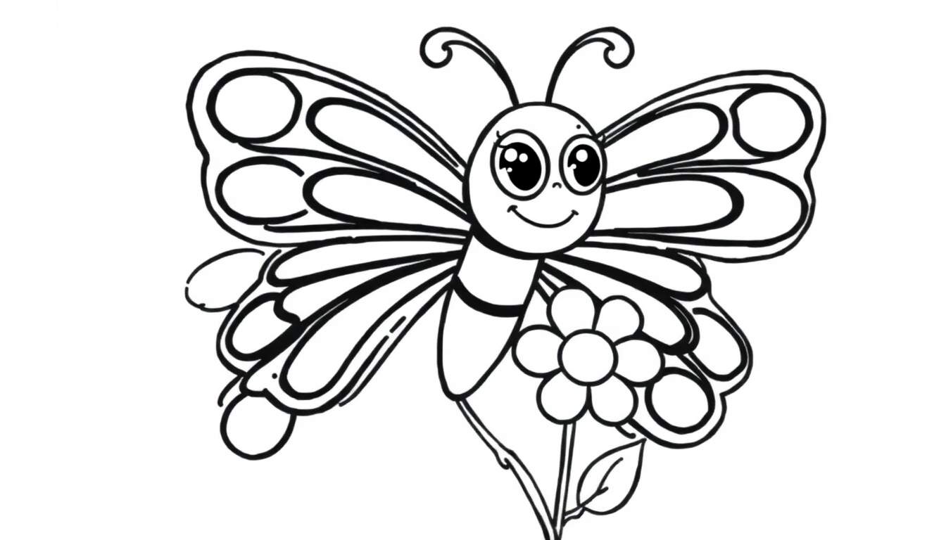 A black and white drawing of a friendly butterfly with patterned wings, next to a simple flower, ready for a color panel.