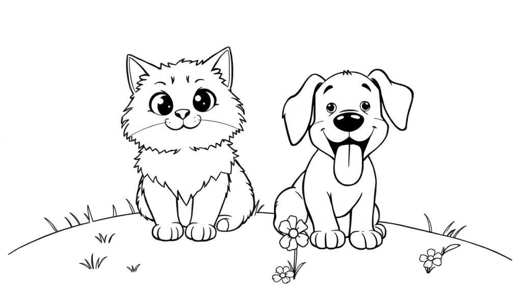 A fluffy cat and a playful dog on a grassy hill, a black and white color panel.