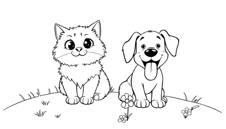 A fluffy cat and a playful dog on a grassy hill, a black and white color panel.