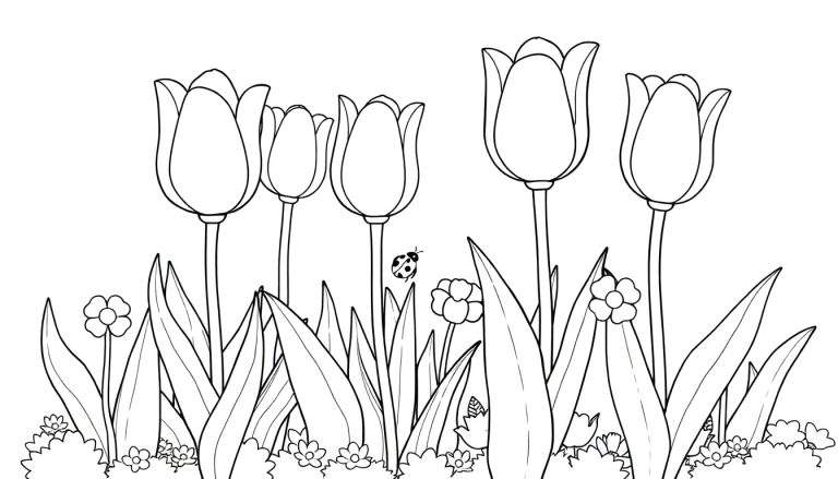 A cheerful garden color panel with tulips, daisies, and a ladybug.