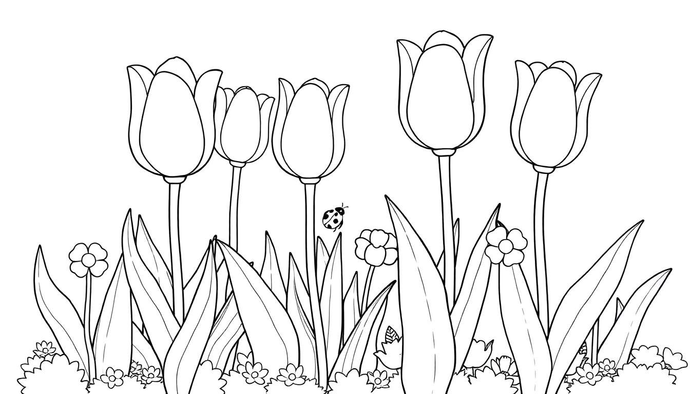 A cheerful garden color panel with tulips, daisies, and a ladybug.