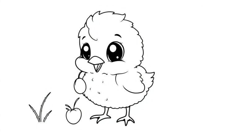 A cute black and white cartoon chick holding a berry in its wing, with another berry and grass on a color panel.