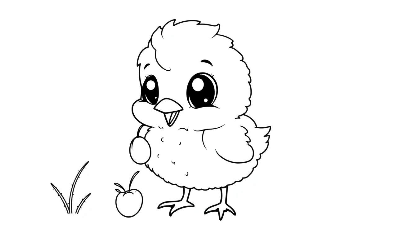 A cute black and white cartoon chick holding a berry in its wing, with another berry and grass on a color panel.