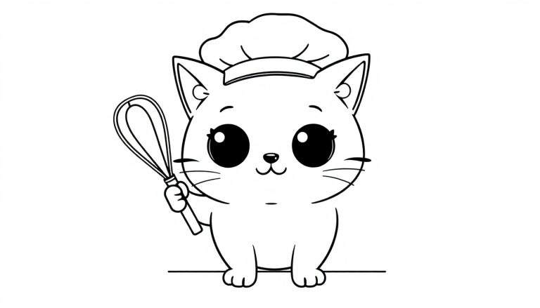 A cute cartoon cat in a chef's hat with a whisk, ready for a color panel adventure.