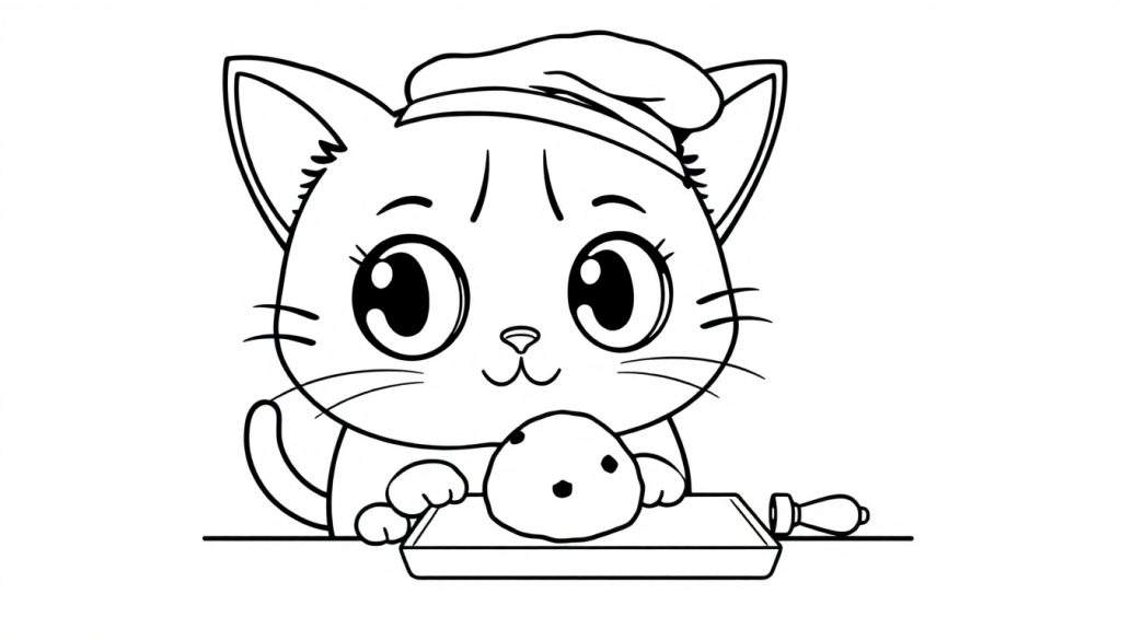 A cute black and white cartoon cat wearing a chef hat and holding a tray with a cookie, a color panel for kids.