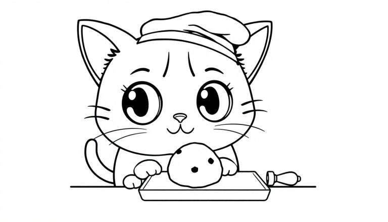 A cute black and white cartoon cat wearing a chef hat and holding a tray with a cookie, a color panel for kids.