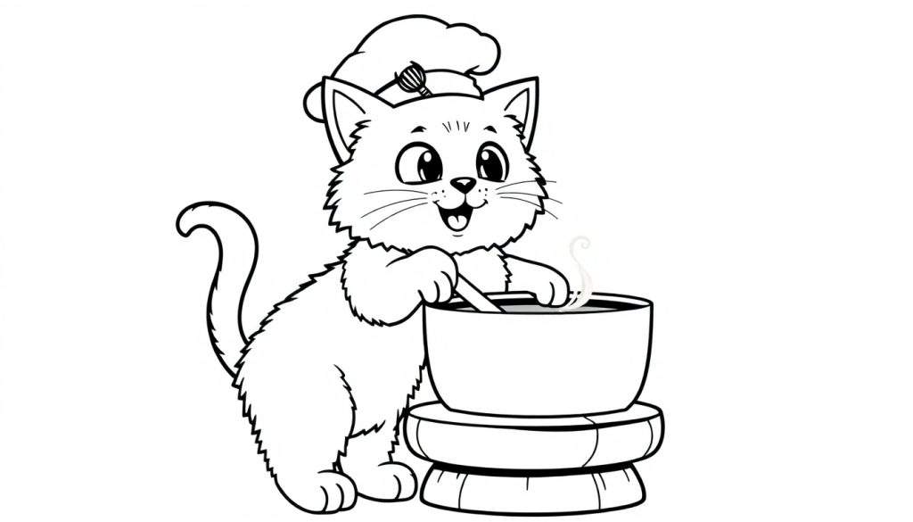 A cartoon cat wearing a chef's hat and stirring a pot of soup on a color panel.