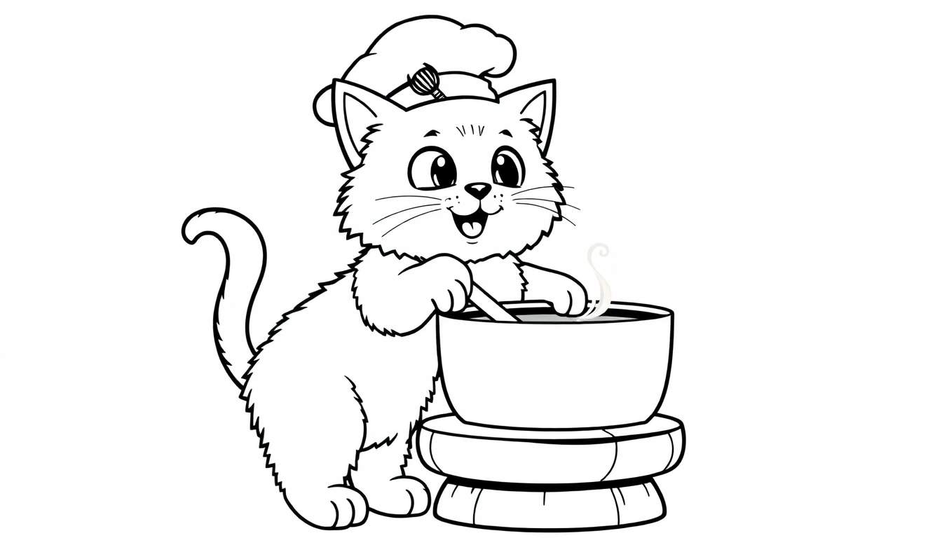 A cartoon cat wearing a chef's hat and stirring a pot of soup on a color panel.