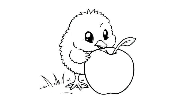 A fluffy chick and an apple on a color panel.