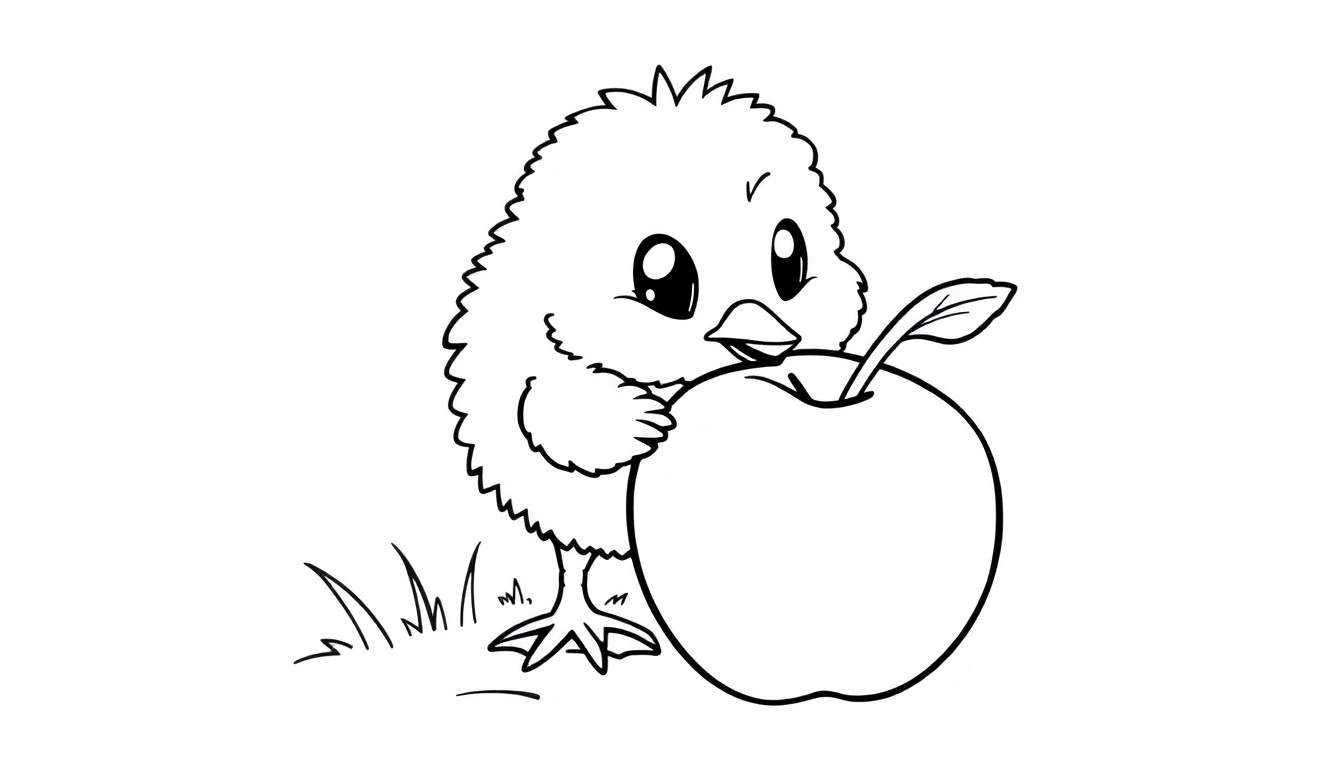 A fluffy chick and an apple on a color panel.